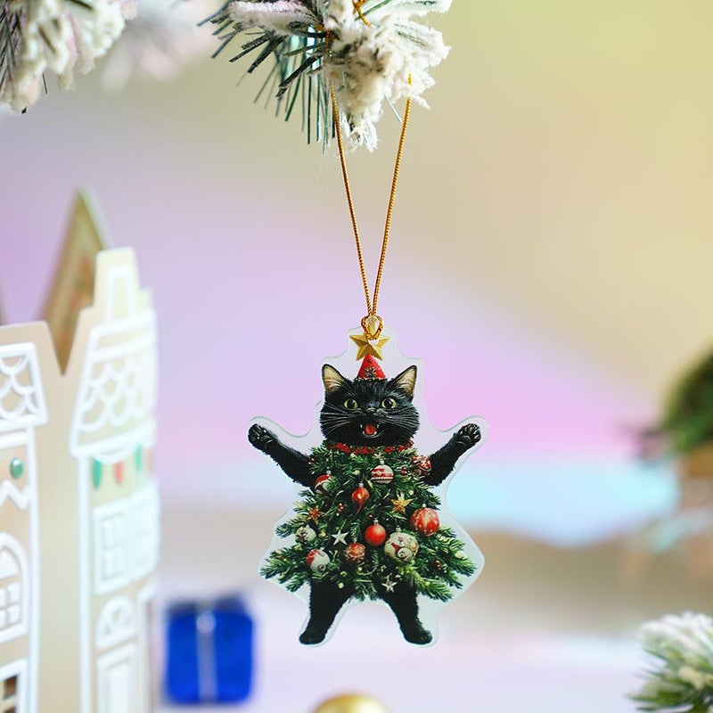 Cute Acrylic Christmas Cat Ornament – 8x6cm Festive Holiday Decoration, Fun Black Cat in Tree Design, Perfect for Pet Lovers & Gift Giving (Black + White) - Image 4